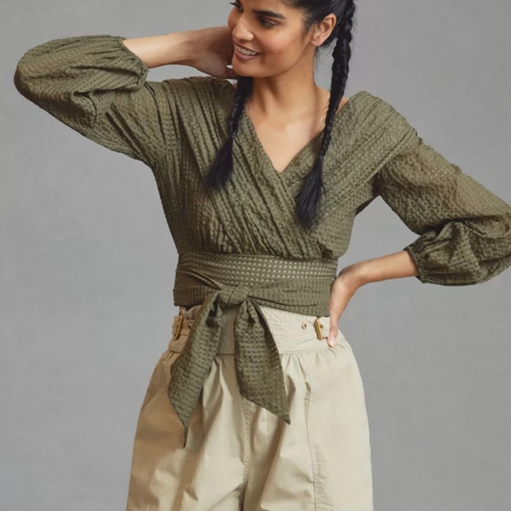 Anthropologie Maeve Cropped Olive Green Wrap Blouse size 0